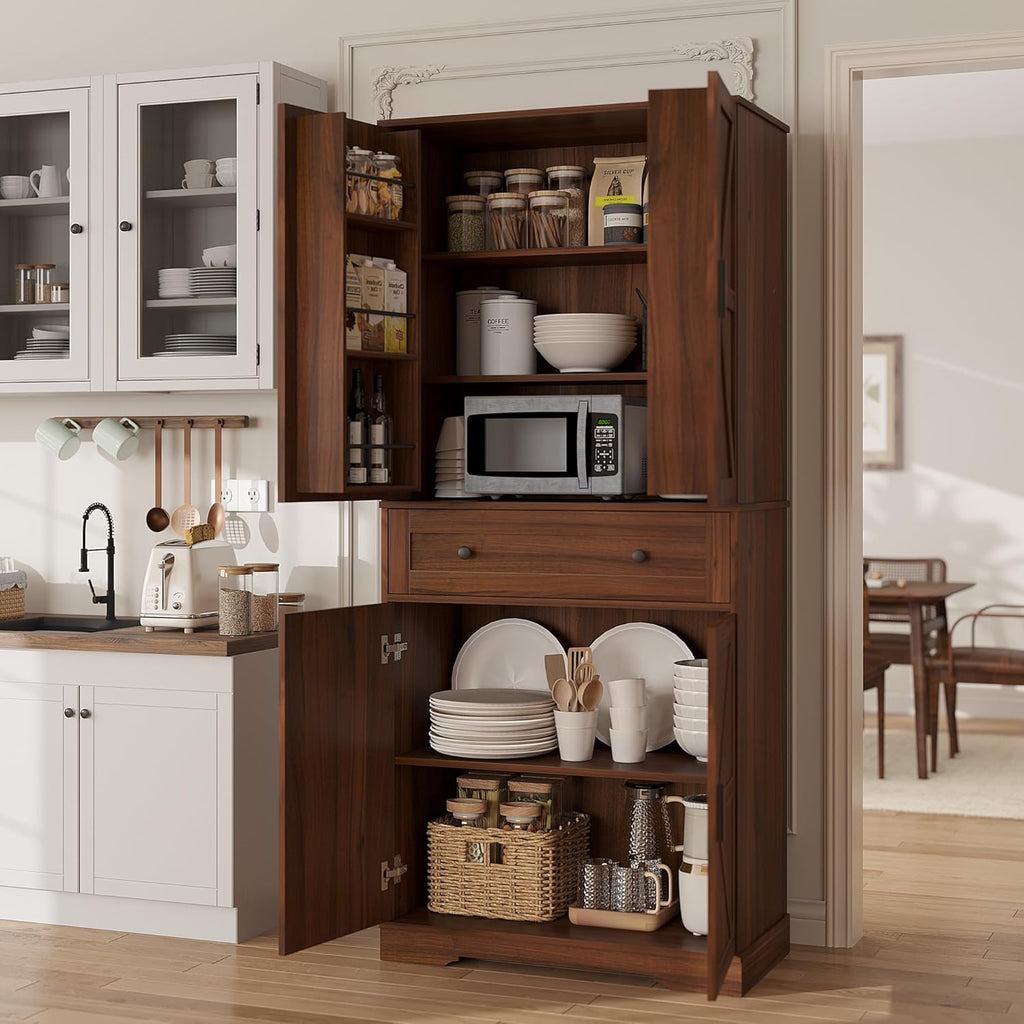 Garvee 71" Kitchen Pantry Cabinet, Barn Door Freestanding Cupboard with Drawer, Sliding Storage Rack, and 6 Hanging Shelves for Kitchen, Dining Room, Living Room Bedroom