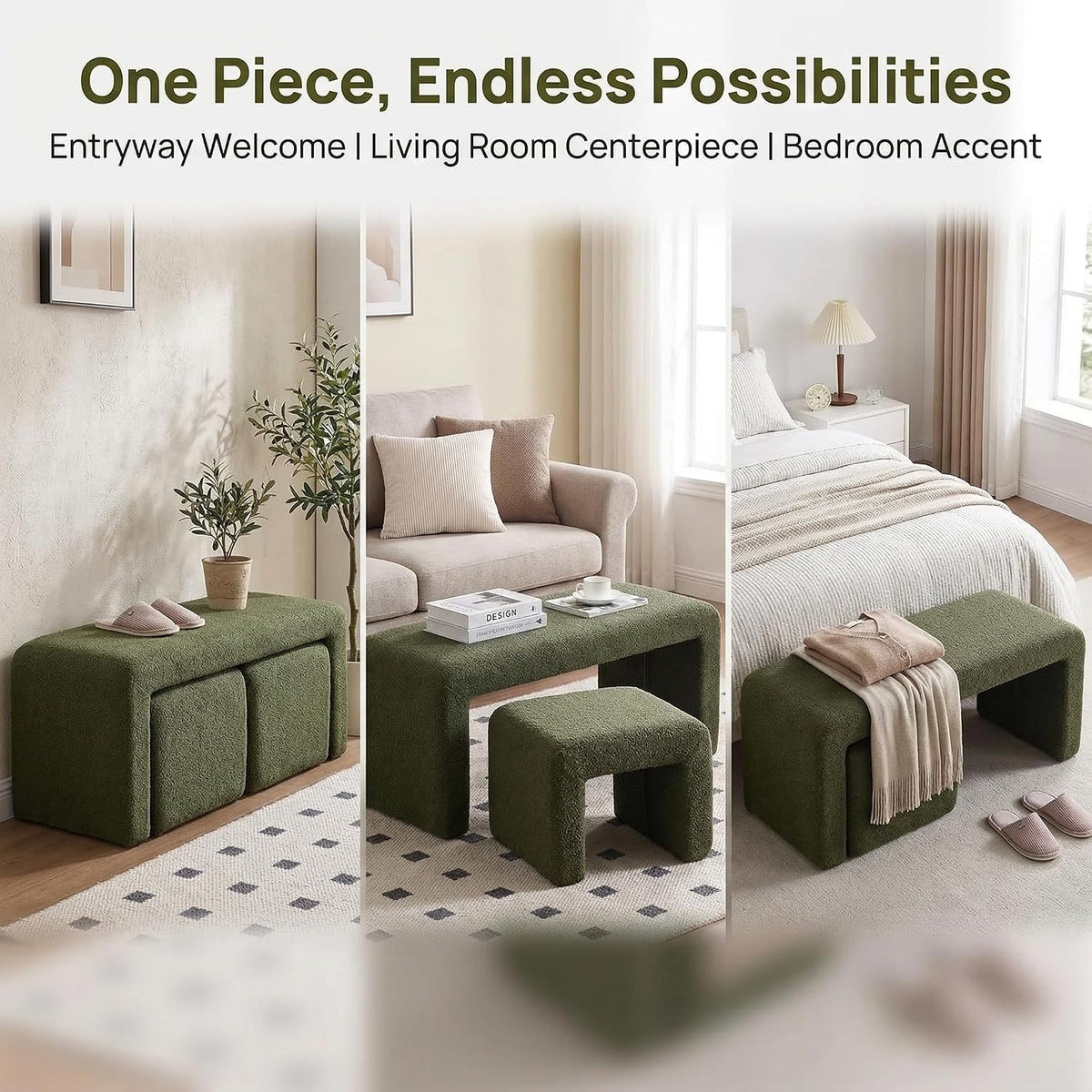 LukeAlon 3-Piece Nesting Ottoman Bench Set, 40.5" Wide Upholstered End of Bed Bench with 2 Small Stools Sherpa Comfy Entry Bench Vanity Stools Modern Arched Bench for Living Room Bedroom, Green