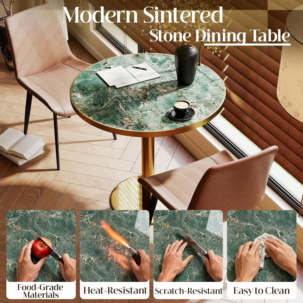 31.5" Tulip Table, Small Modern Round Dining Table for 2-4, Sintered Stone Circle Dining Tables with Golden Metal Pedestal Base, Tulip Tables for Kitchen/Cafe/Small Spaces/Restaurant (Verde Alpi)