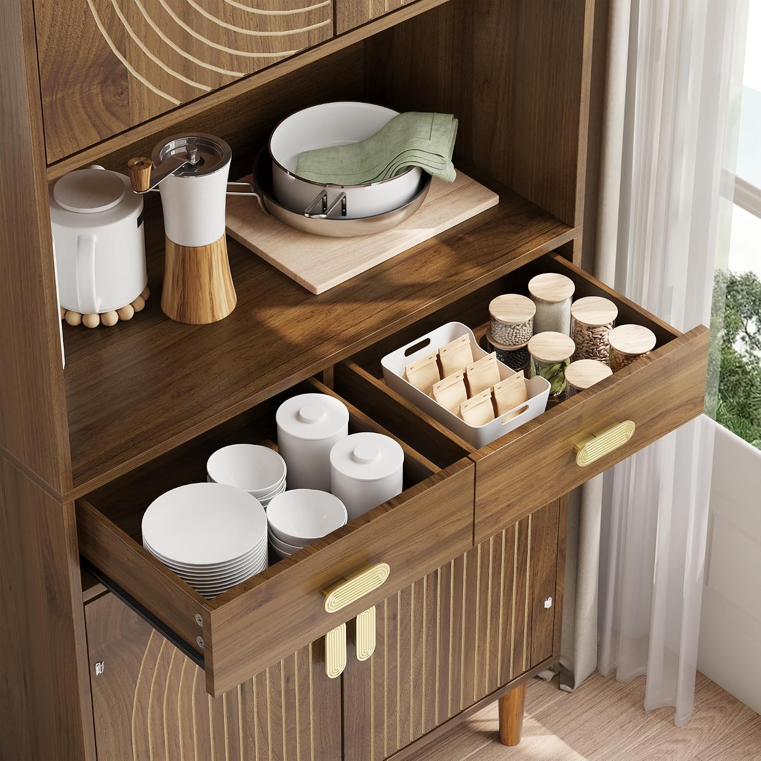 Smuxee 70.87" Walnut Kitchen Pantry Cabinet, Tall Food Pantry Cabinet with Line Groove Design, Kitchen Hutch with Microwave Stand for Dining Room, Living Room, Bar