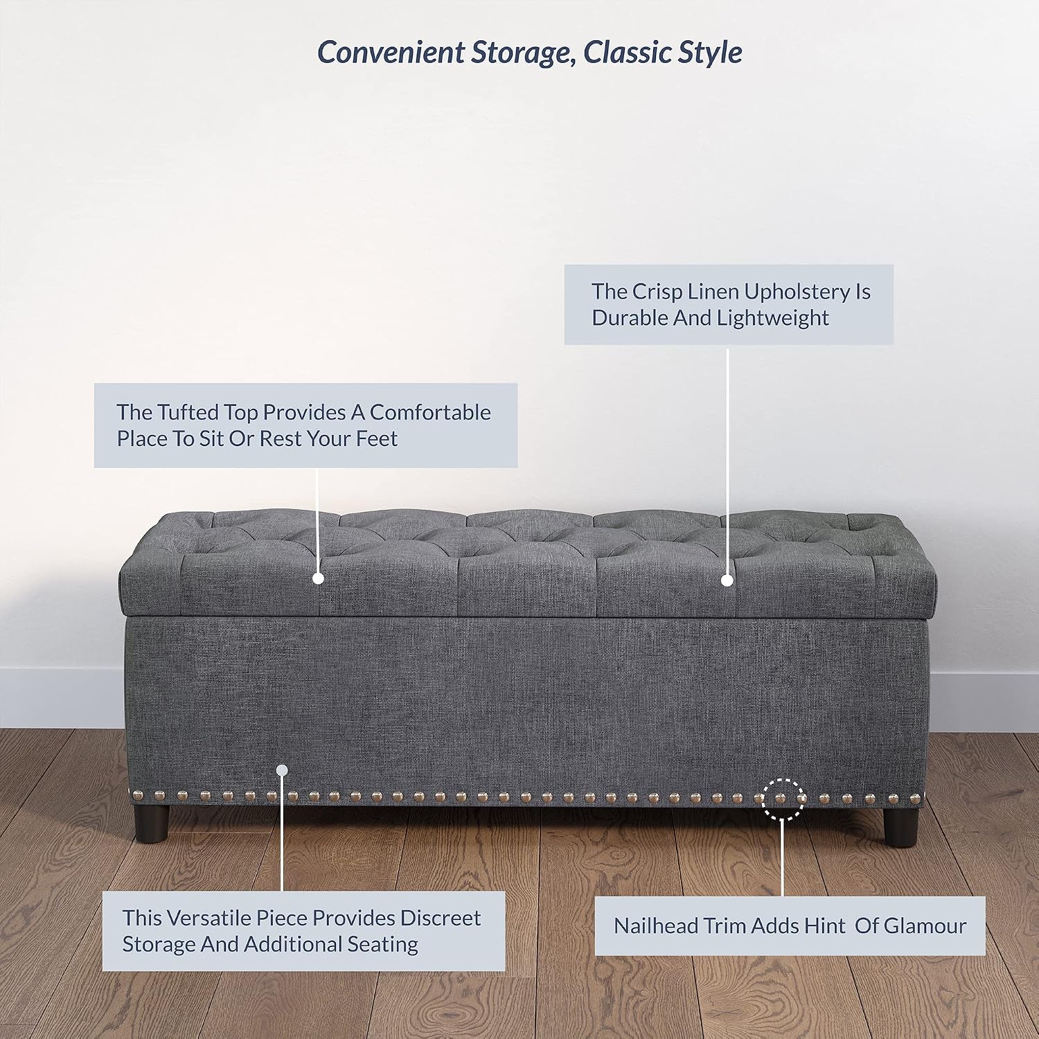 BELLEZE Storage Ottoman, Tufted Ottoman with Close Hinge, Foot Rest for Living Room (Gray, 47 inch)