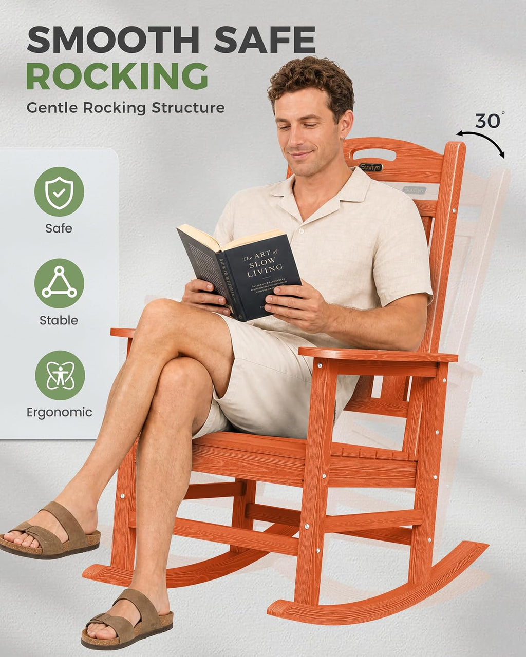 Oversized Outdoor Rocking Chair, High Back Porch Rocker Chair, HDPE All Weather Resistant Rocking Chairs for Patio, 380lbs Weight Capacity, Orange
