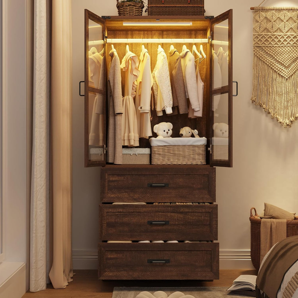 75" Tall Farmhouse 2 Doors Armoire Wardrobe Closet with 3 Drawers and LED,Freestanding Closet Wardrobe Cabinet for Bedroom with Hanging Rod,Wooden Armoire Storage Cabinet with Adjustable shelve(Brown)