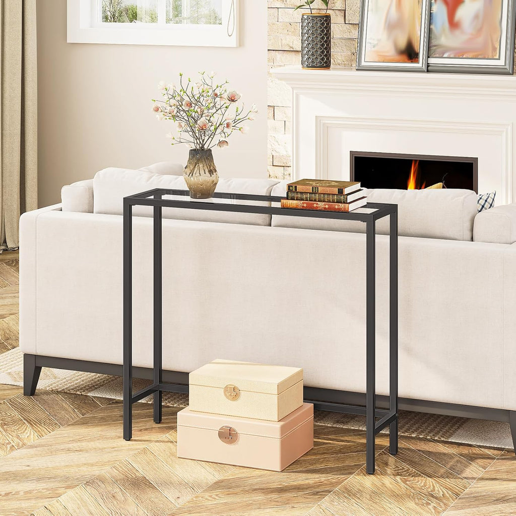 HOOBRO 29.5" Narrow Console Table, Modern Sofa Table Behind Couch Table | Tempered Glass Entryway Table, Small Side Table for Entrance, Living Room, Foyer, Hallway, Bedroom, Black BK07XG01
