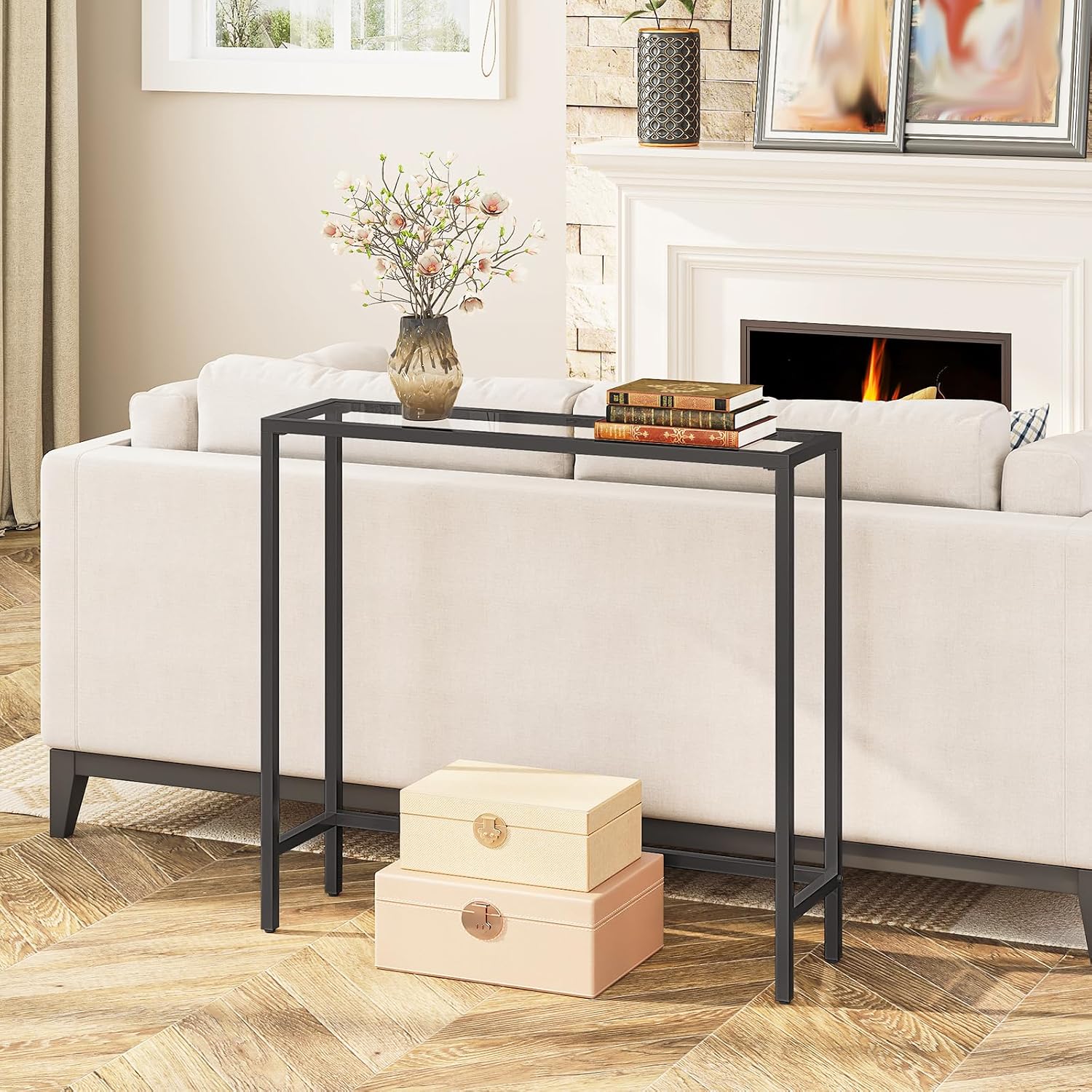 HOOBRO 29.5" Narrow Console Table, Modern Sofa Table Behind Couch Table | Tempered Glass Entryway Table, Small Side Table for Entrance, Living Room, Foyer, Hallway, Bedroom, Black BK07XG01