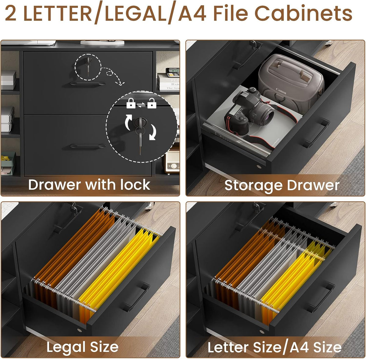 SEDETA 44" File Cabinet with Lock, Filing Cabinet fits Legal/Letter Size | Black Lateral 2 Drawer Filing Cabinets for Home Office with Lock, Power Strip, 6 Storage Shelves, Wheels and 4 Hooks