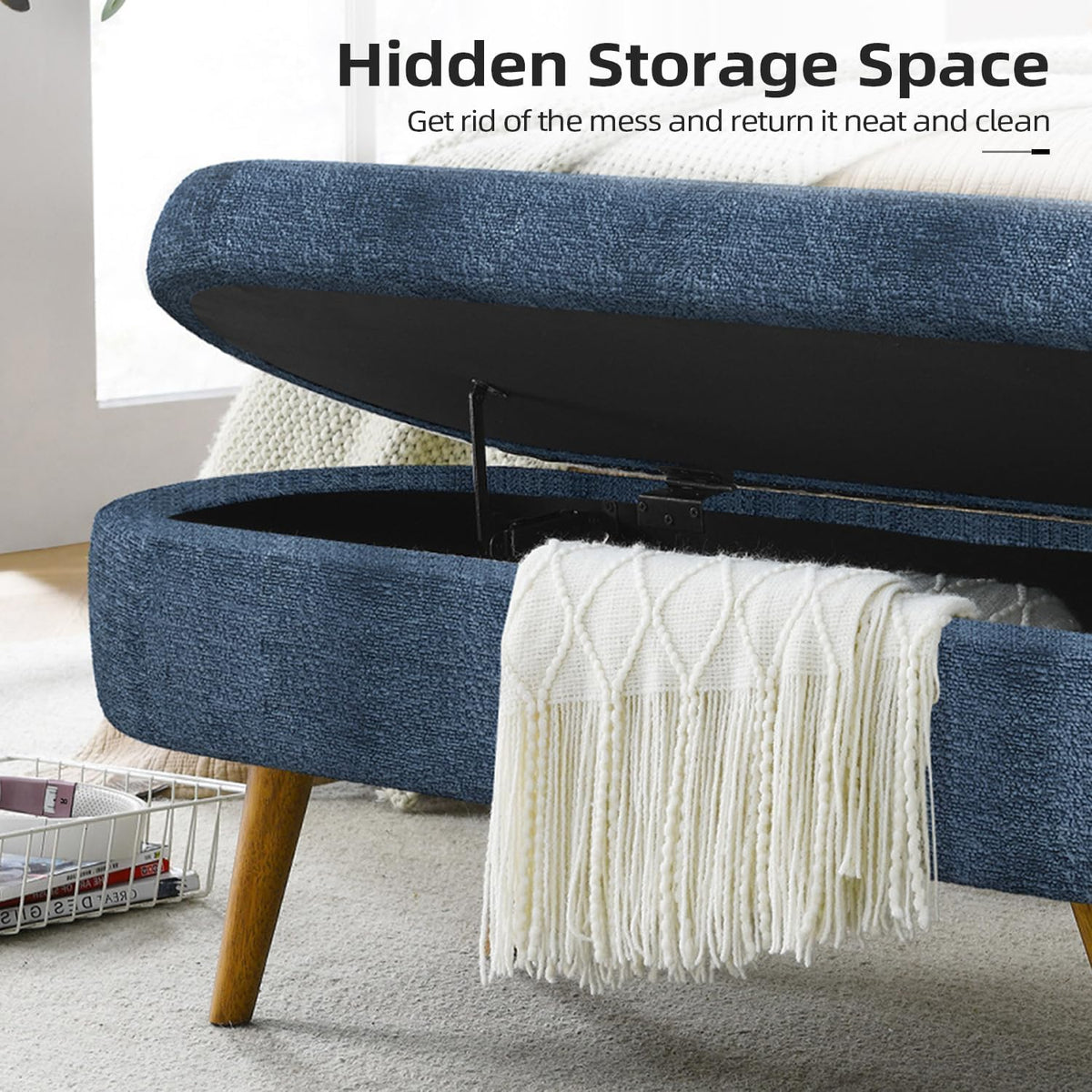 43.5" Ottoman with Storage, Storage Ottoman Bench with Safety Hinge, Foam End of Bed Bench Upholstered Entryway Bench for Bedroom, Living Room & Window, Dark Blue