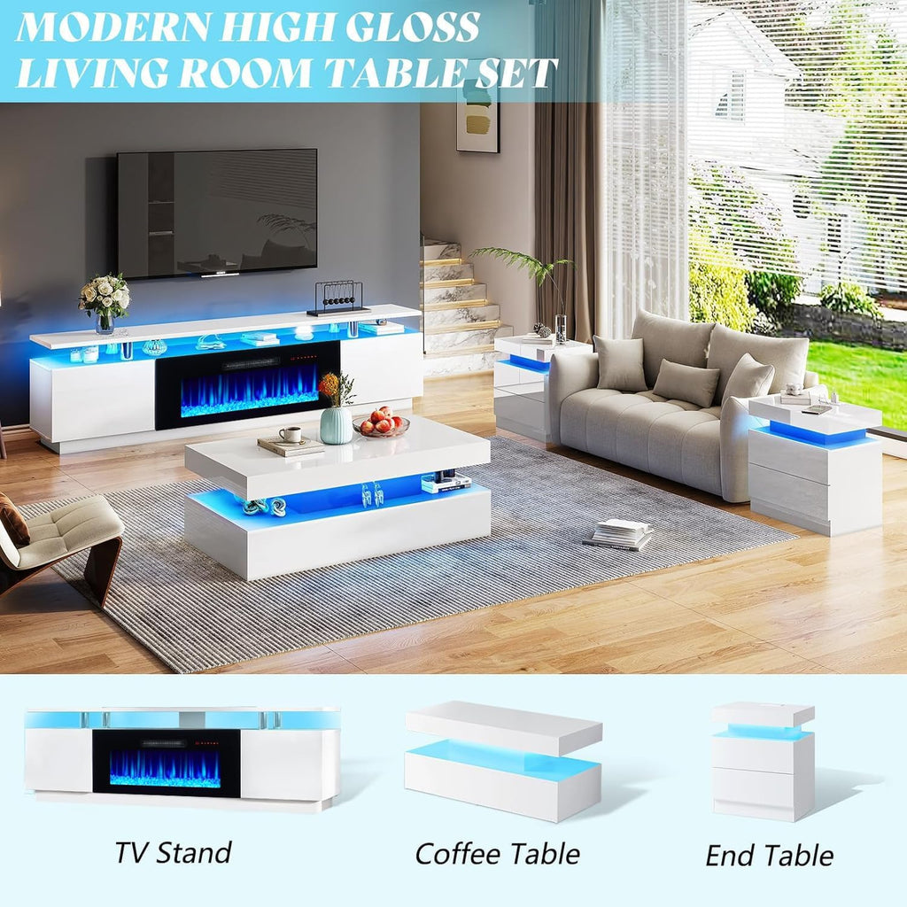 AMERLIFE 70" High-Gloss Fireplace TV Stand with 36" Electric Fireplace | White/Black LED TV Console, Modern Living Room Entertainment Center, Fits TVs up to 80", 2 Cabinets, 2-Tier Storage Space