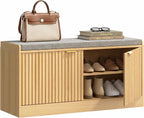 Fluted Shoe Storage Bench with Cushion, 2-Tier Entryway Shoe Bench with Adjustable Shelves, Hidden Shoe Cabinet Bench with 2 Doors for Hallway, Living Room, Bedroom End of Bed,Natural Oak