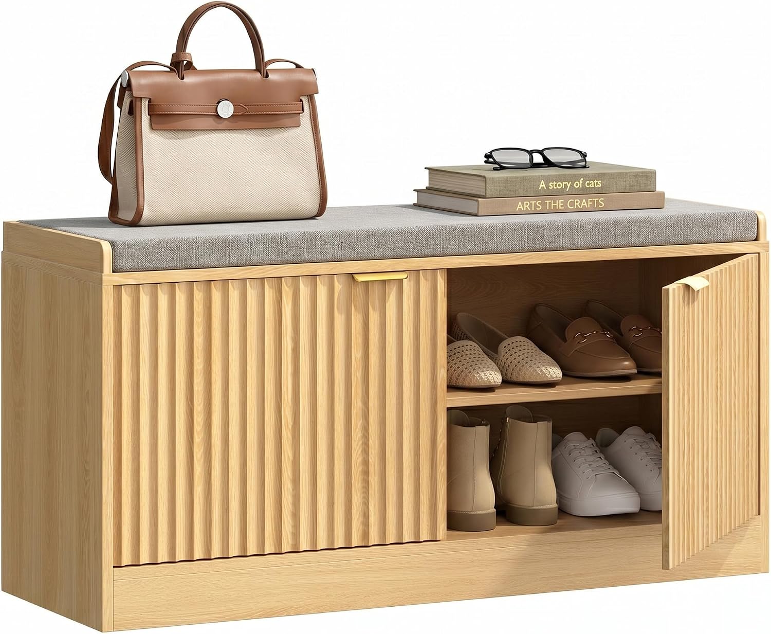 Fluted Shoe Storage Bench with Cushion, 2-Tier Entryway Shoe Bench with Adjustable Shelves, Hidden Shoe Cabinet Bench with 2 Doors for Hallway, Living Room, Bedroom End of Bed,Natural Oak