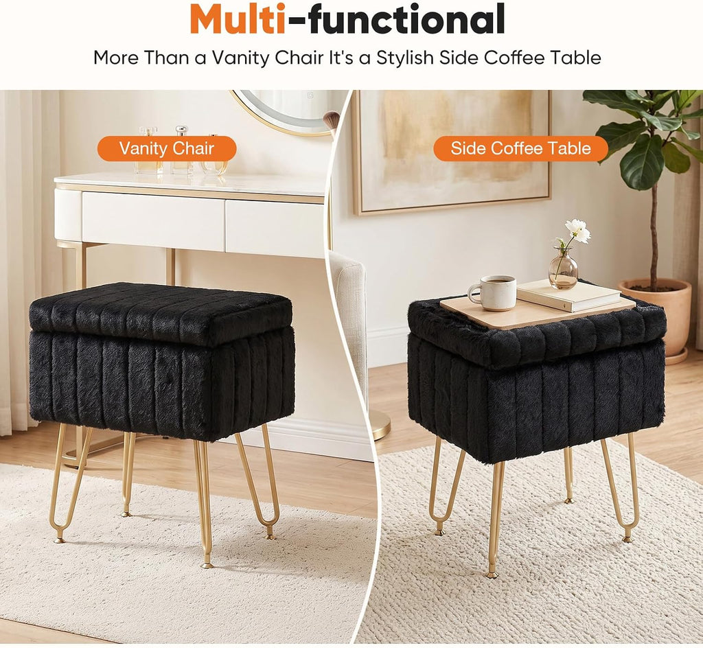 DUMOS Vanity Stool Chair with Storage, Small Ottoman Faux Fur Soft Padded Footstools Seat with 4 Metal Legs Anti-Slip Adjustable Feet Modern Footrest for Home Entryway Bedroom Makeup Black