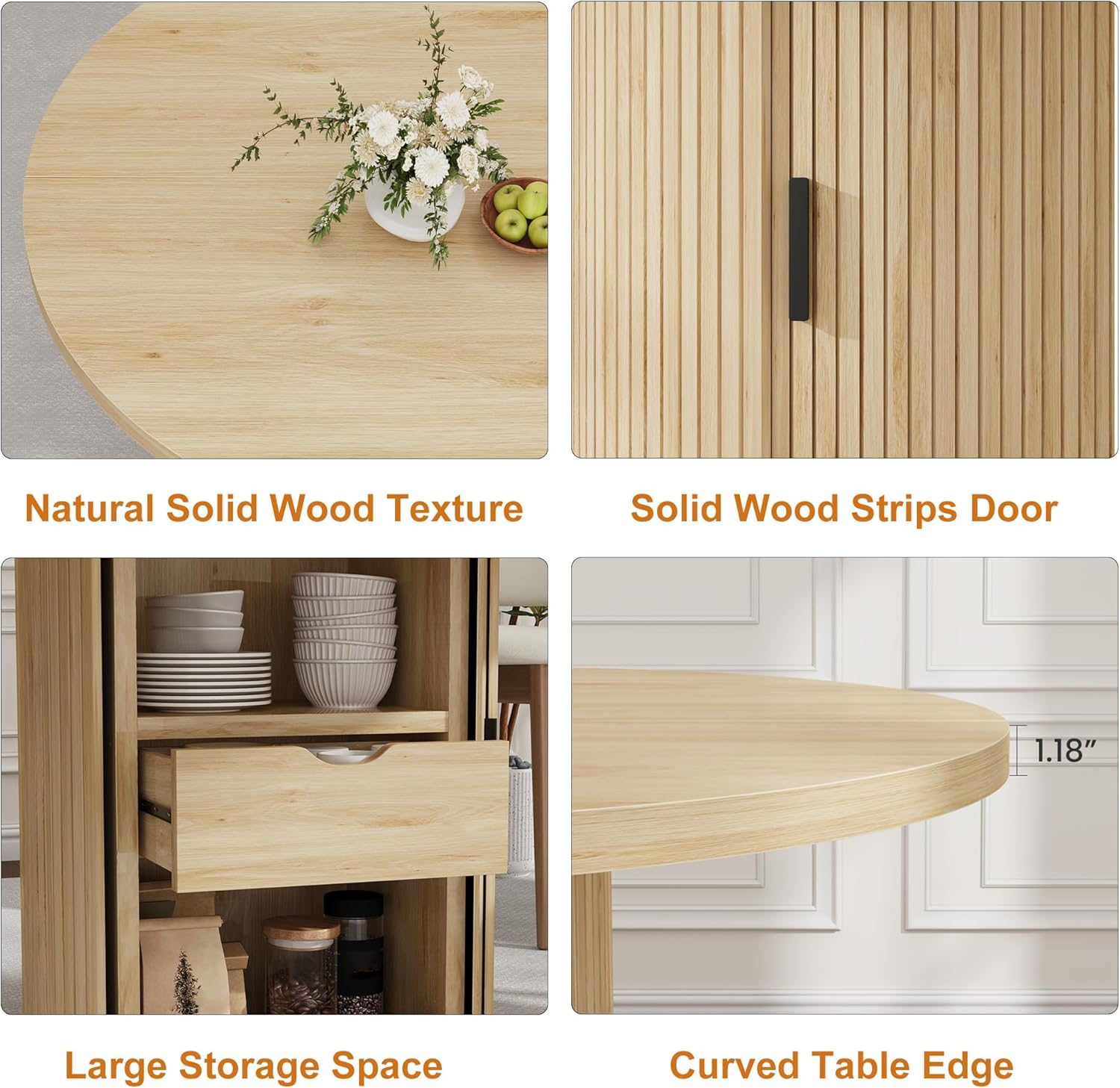IDEALHOUSE 47" Round Dining Table for 4-6, Modern Farmhouse Kitchen Table with 2-Layer Storage Shelf & Drawer, Wooden Circle Dining Tables with Fluted Pedestal Base, Natural