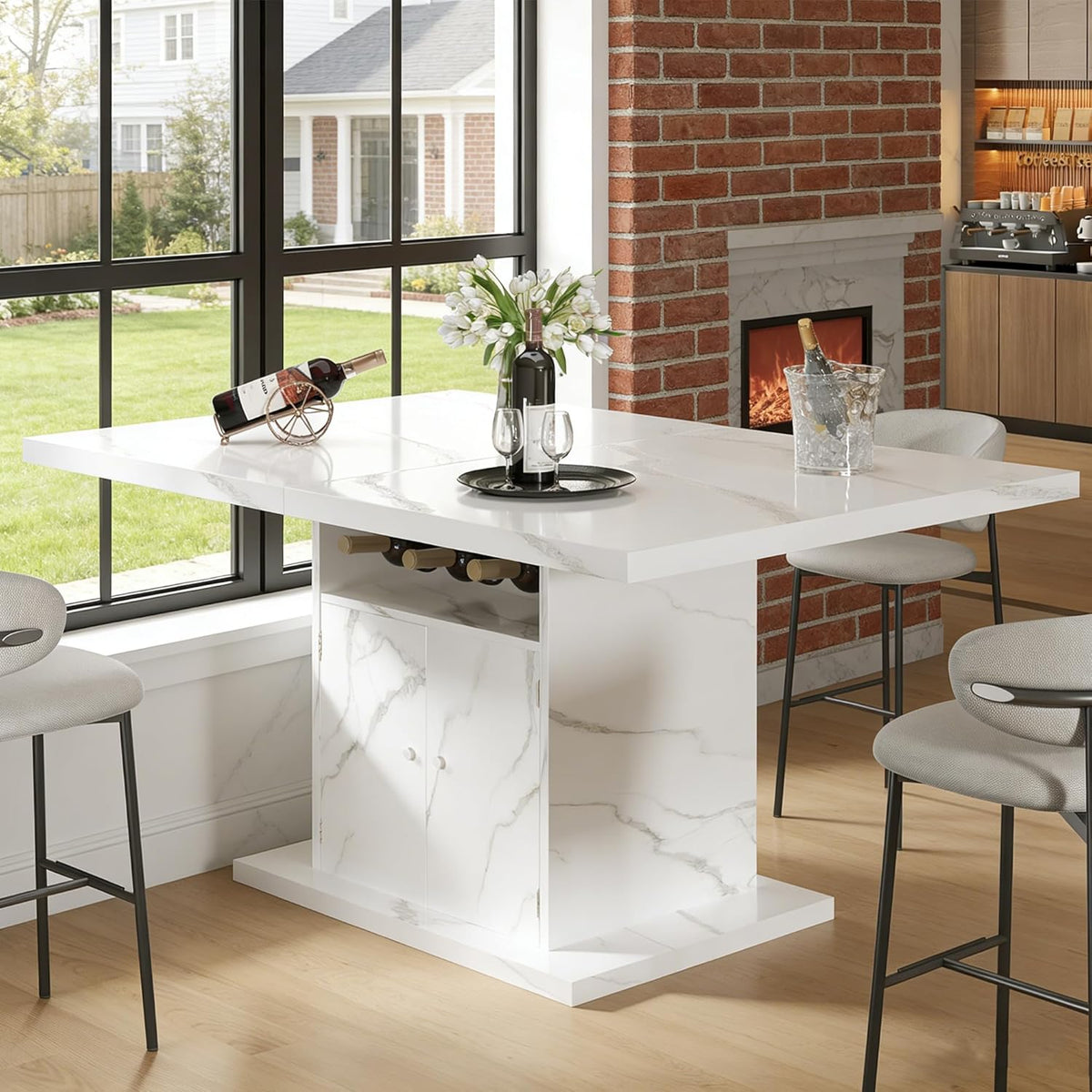 Extendable Dining Table for 4-6, 47-63in Expandable Kitchen Rectangle Dining Table with Removable Leaves, Modern Faux Marble Kitchen Table with Storage for Kitchen Living Room, White Faux Marble