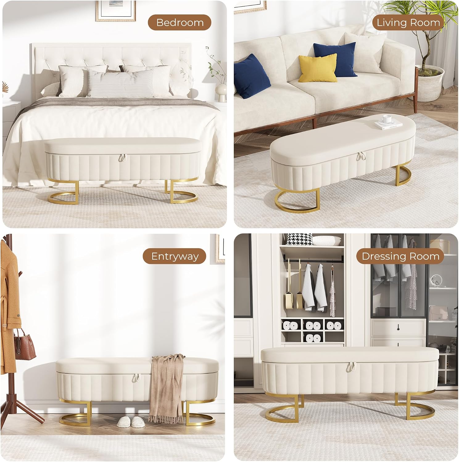 Storage Ottoman Bench, 45" Velvet End of Bed Bench Bedroom Bench with Golden Metal Legs, Upholstered Storage Bench for Bedroom Living Room Entryway and Window, Beige
