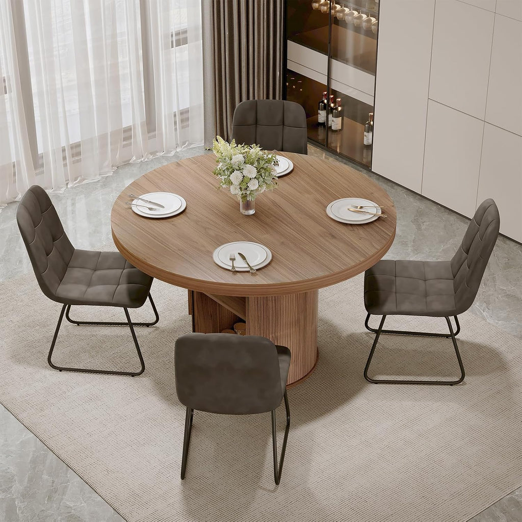 5-Piece Dining Set for Small Spaces 43.3" Round Table & 4 PU Leather Chairs, Modern Farmhouse with Storage Shelf, Apartment Kitchen Easy Assembly (Walnut Color Round Table + 4 U-Shaped Gray Chairs)