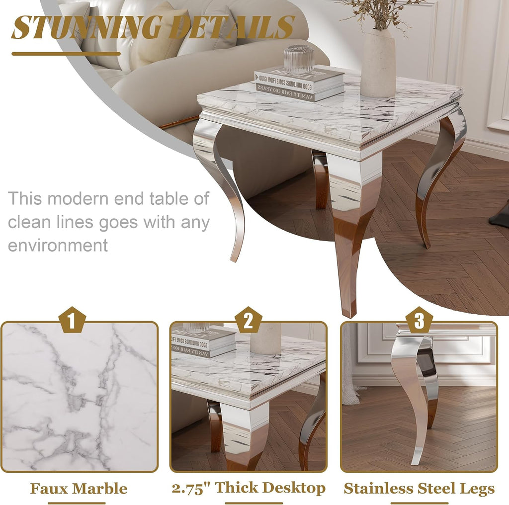 Square Faux Marble End Table, Modern Elegant Side Table with Stainless Steel Legs and Silver Mirrored Finish, Luxury End Table for Living Room, Bedroom, Office