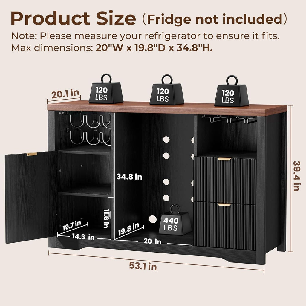 Coffee Bar Cabinet with Mini Fridge Space, 53"Wine Cabinets with Storage | Wood Fluted Liquor Cabinet with Storage Drawer, Wine Rack,Glass Holder for Home, living Room,20"D x 53"W x 39.4"H-Black