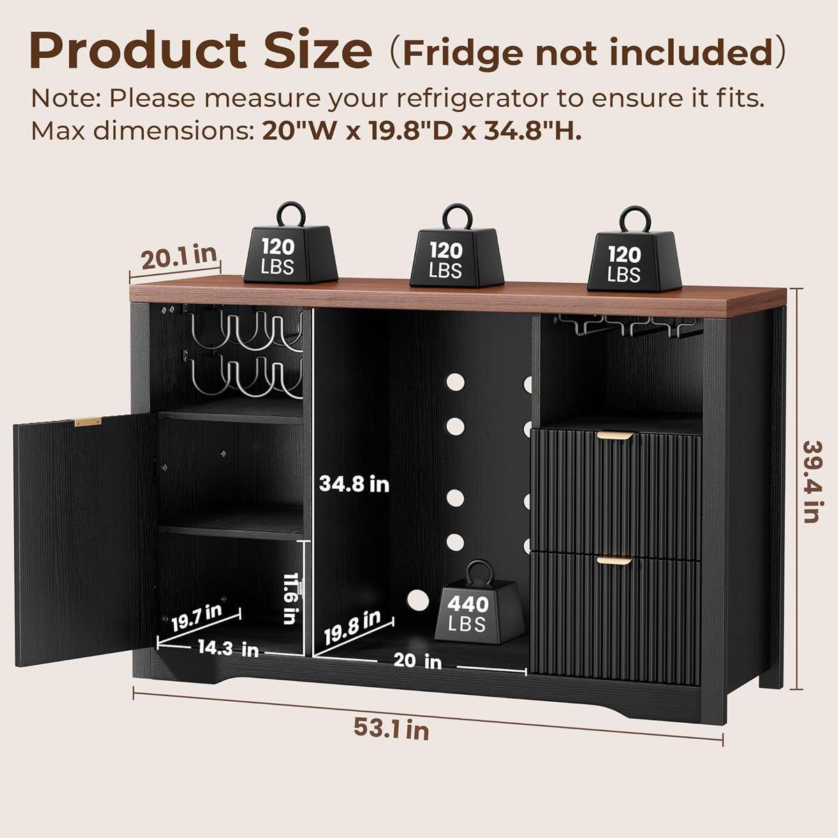 Coffee Bar Cabinet with Mini Fridge Space, 53"Wine Cabinets with Storage | Wood Fluted Liquor Cabinet with Storage Drawer, Wine Rack,Glass Holder for Home, living Room,20"D x 53"W x 39.4"H-Black