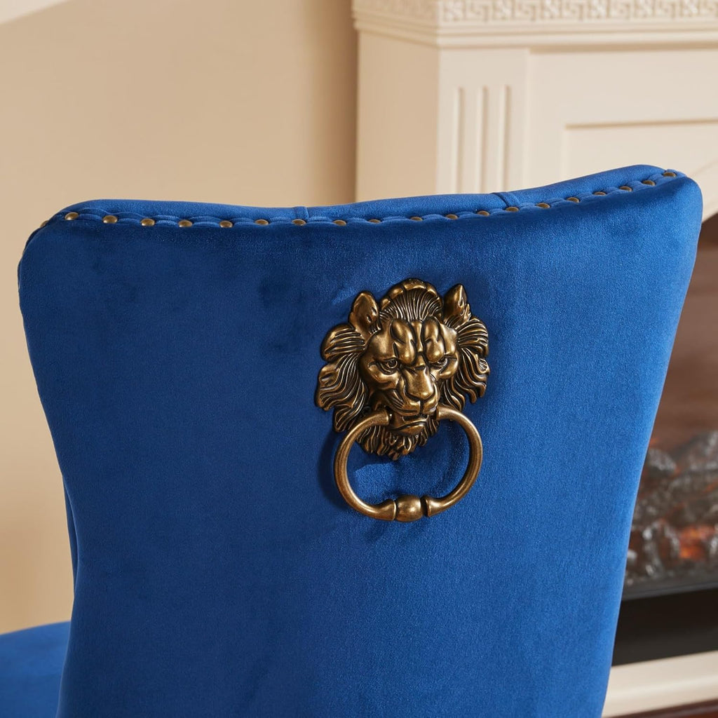 Velvet Dining Chairs Set of 2,Fabric Upholstered Side Chairs with Lion Head Ring Pull & Bronze Nailhead Trim,Luxury Side Chair with Golden Wood Legs for Kitchen (Velvet Blue, Set of 2)