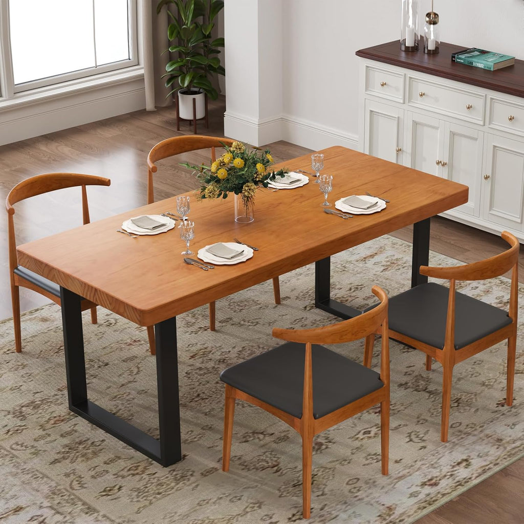 Stylish Modern Minimalist Solid Wood Dining Table with Sturdy Metal Base – Easy Assembly, Versatile Design for Dining Rooms, Living Rooms, and Offices