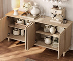 WAMPAT 65-inch Handcrafted Patchwork Decorative Buffet Cabinet with Pop-Up Design Doors,Full Unit Modern Farmhouse Accent Credenza for Coffee Bar, Kitchen, and Living Room,Beige Light Oak