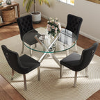yeag 39 in Luxury Round Dining Table Set for 4, Modern Tempered Glass Top & Square Tube Crossed Metal Legs, with 4 Velvet Upholstered Kitchen Chairs, Adjustable Feet (Silver & Black)