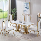7 Piece Marble Dining Table Set for 6, Luxury Gold Kitchen Table and Chairs Set of 6, 68" White Marble Pedestal Dining Room Table with 6 PU Leather Chairs for Kitchen Dinette Furniture
