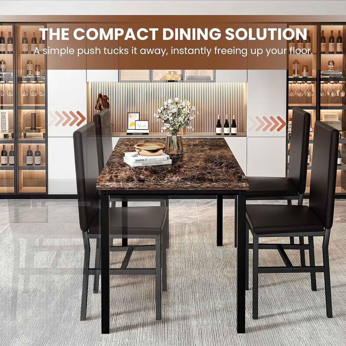 Recaceik 5-Piece Dining Table Set for 4, Faux Marble Kitchen Table Chairs Set of 4, Kitchen Table Set with 4 Upholstered PU Leather Chairs for Dining Room, Living Room, Apartment, Small Spaces, Brown