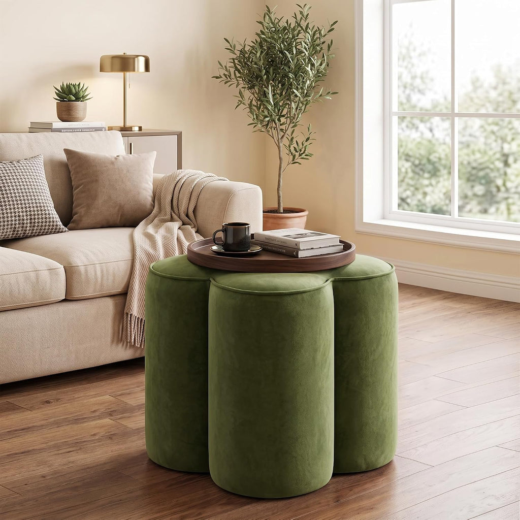 Olive Green Velvet Ottoman Set of 2, Modern Small Vanity Stool | Multi-Functional Ottoman Stool, Footrest for Couch, Flower Footstool for Makeup Room, Entryway and Living Room