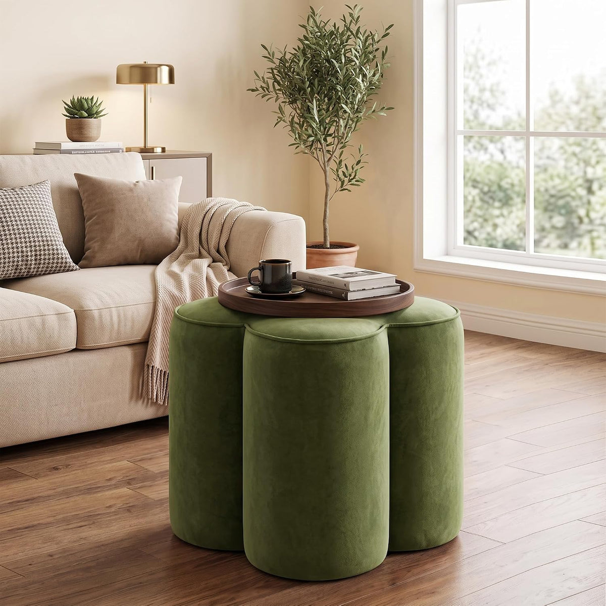 Olive Green Velvet Ottoman Set of 2, Modern Small Vanity Stool | Multi-Functional Ottoman Stool, Footrest for Couch, Flower Footstool for Makeup Room, Entryway and Living Room