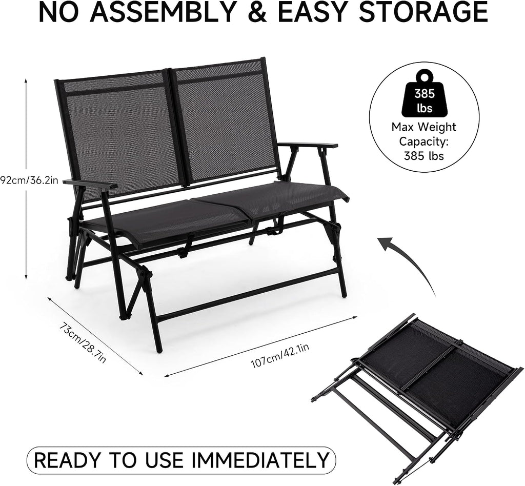 Zedachica 2-Person Outdoor Glider Bench No Assembly Required, Glider Loveseat for Outside Patio with Smooth Rocking, Patio Glider with Steel Frame for Porch Deck Backyard Garden (Loveseat, Black)