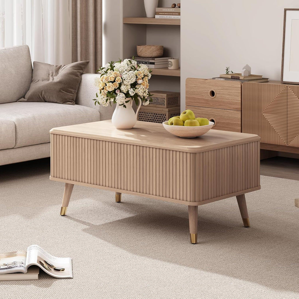 Lift Top Coffee Table with Storage, Mid Century Modern Coffee Table with Solid Wood Legs, 38" Minimalist Fluted Center Table for Living Room, Home Office, Natural Oak