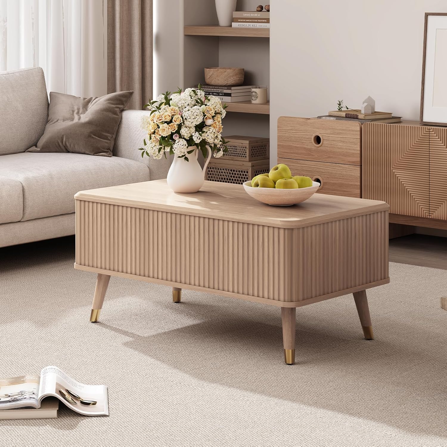Lift Top Coffee Table with Storage, Mid Century Modern Coffee Table with Solid Wood Legs, 38" Minimalist Fluted Center Table for Living Room, Home Office, Natural Oak
