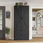 HOSTACK 70" Tall Kitchen Pantry Storage, Barn Doors Pantry Cabinet with Drawers and Adjustable Shelf, Modern Farmhouse Storage Cabinet for Kitchen, Dining Room, Living Room, Bathroom, Black