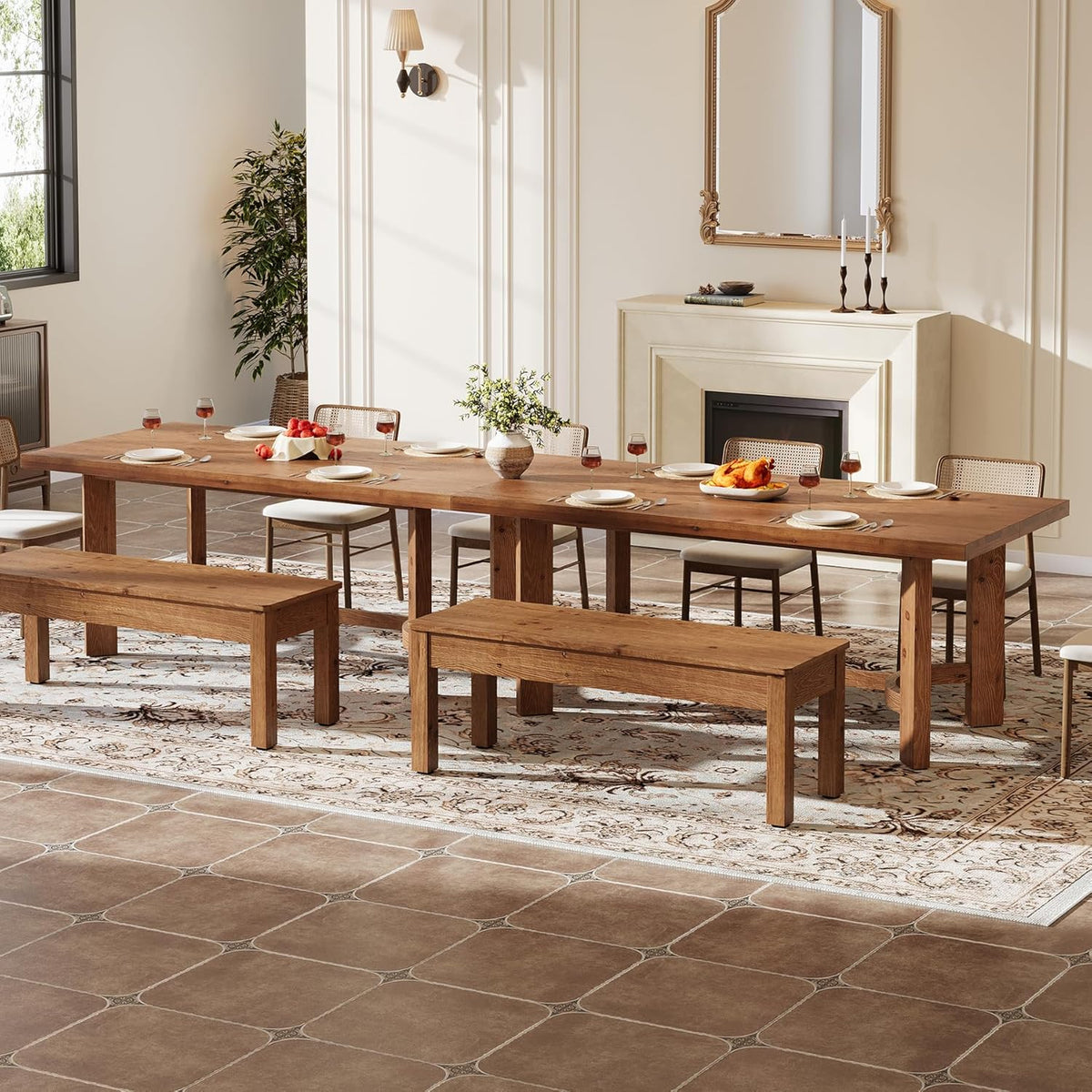 63" Solid Wood Dining Table for 4-6, Farmhouse Rectangle Kitchen Table with Thicken Tabletop and Sturdy Construction, Modern Wooden Dinner Table for Dining Room, Kitchen, Walnut