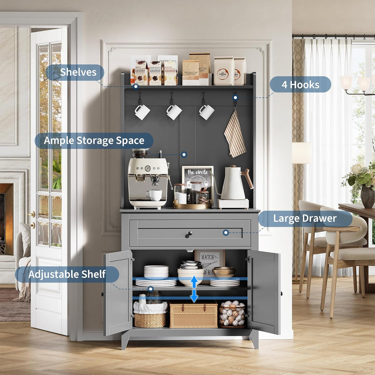 GarveeHome 63'' Pantry Cabinet with 4 Hooks, Kitchen Storage Cabinet with Charging Station, Coffee Bar Table for Living Room, Dining Room, 1 Large Drawer, Adjustable Shelves, Grey
