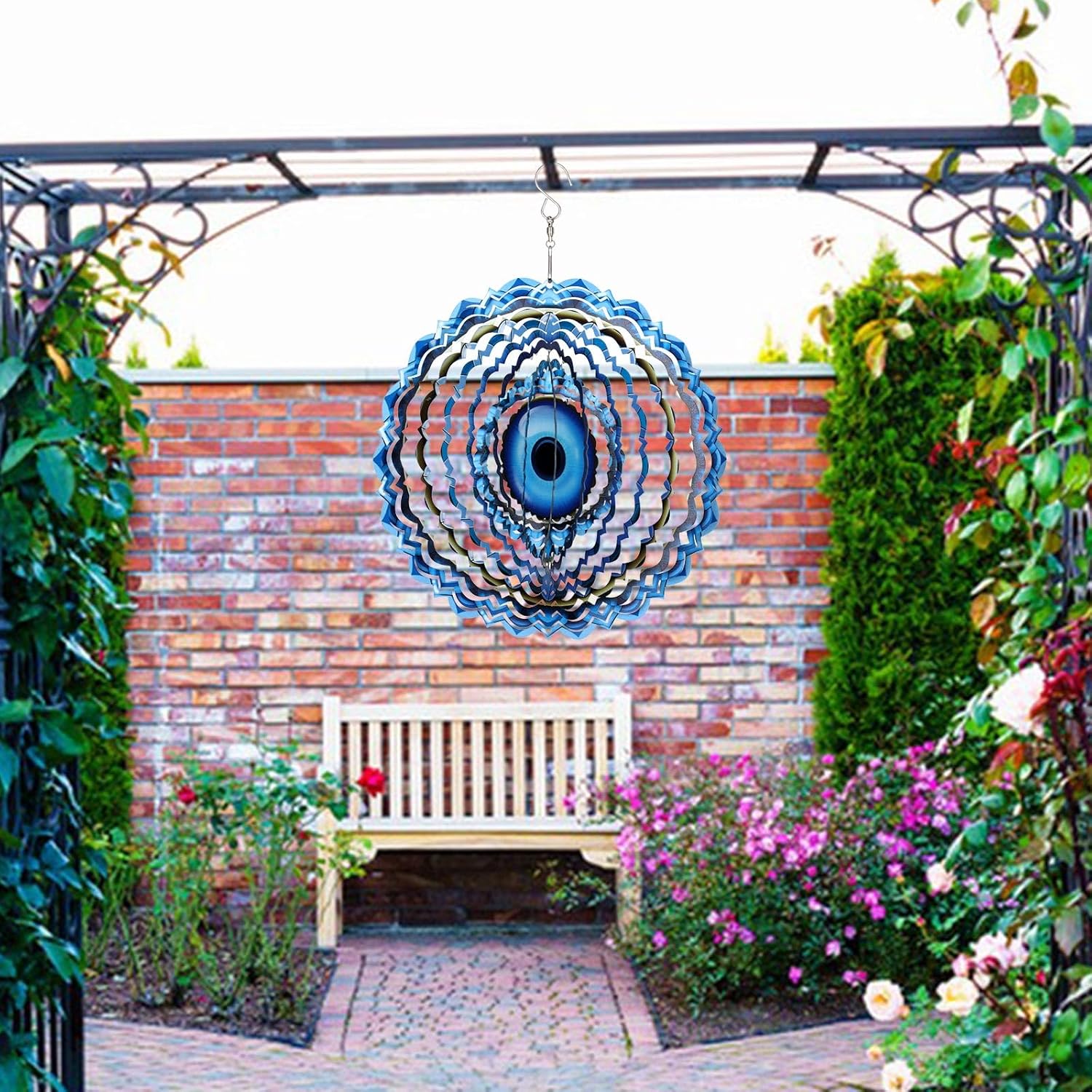Blue Evil Eye Hanging Wind Spinners Outdoor Metal Evil Eye Decor Mandala 3D Stainless Steel Wind Spinner Protective Amulet for Home Outdoor Garden Yard Decoration (Layered)