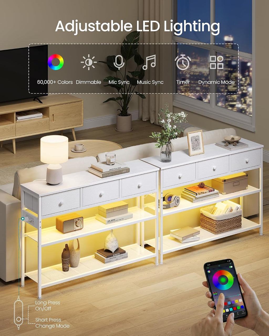 SONGMICS Console Table with Charging Station, Narrow Sofa Table with LED Lighting, for Entryway, Living Room, 11.8 x 38.9 x 31 Inches, 3 Fabric Drawers, Cloud White, BELLAH Collection ULGS198W101