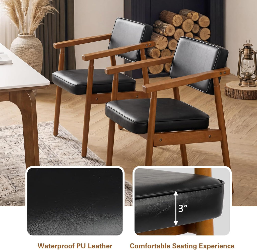 LSSPAID Mid Century Dining Chairs Set of 4, Black PU Leather with Walnut Finished Handrails Comfy Backrest, Farmhouse Dining Room Chairs for Kitchen, Living Space & Restaurant