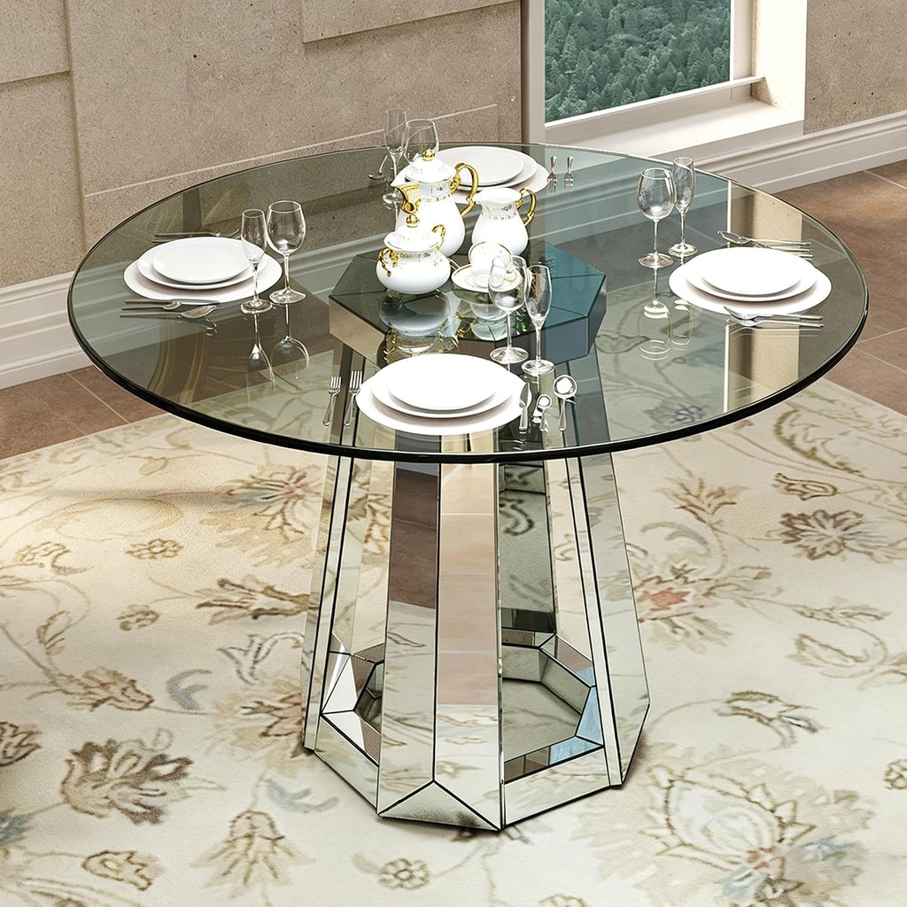Henf Luxury Round Glass Dining Table for 4-6, Silver 47" Glass Kitchen Table with Mirrored Base, Modern Circle Dining Room Table (Table Only)