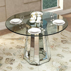 Henf Luxury Round Glass Dining Table for 4-6, Silver 47" Glass Kitchen Table with Mirrored Base, Modern Circle Dining Room Table (Table Only)