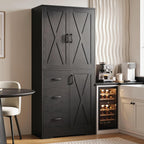 IRONCK Pantry Cabinet, Kitchen Storage Cabinet with 3 Door & Drawer, Black | Adjustable Shelf. 67.5inch Tall. 5 Tier Freestanding. 150 lbs Per Shelf. Modern Style. FSC-certified Wood. Anti-tip.