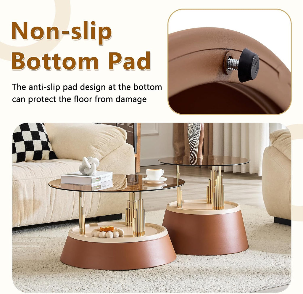 2-Piece Nesting Coffee Table Set, Brown and Gold Metal, Round Side Tables | Nesting Design, Set of 2, Round Side Tables, Metal Frame, Brown & Gold Finish