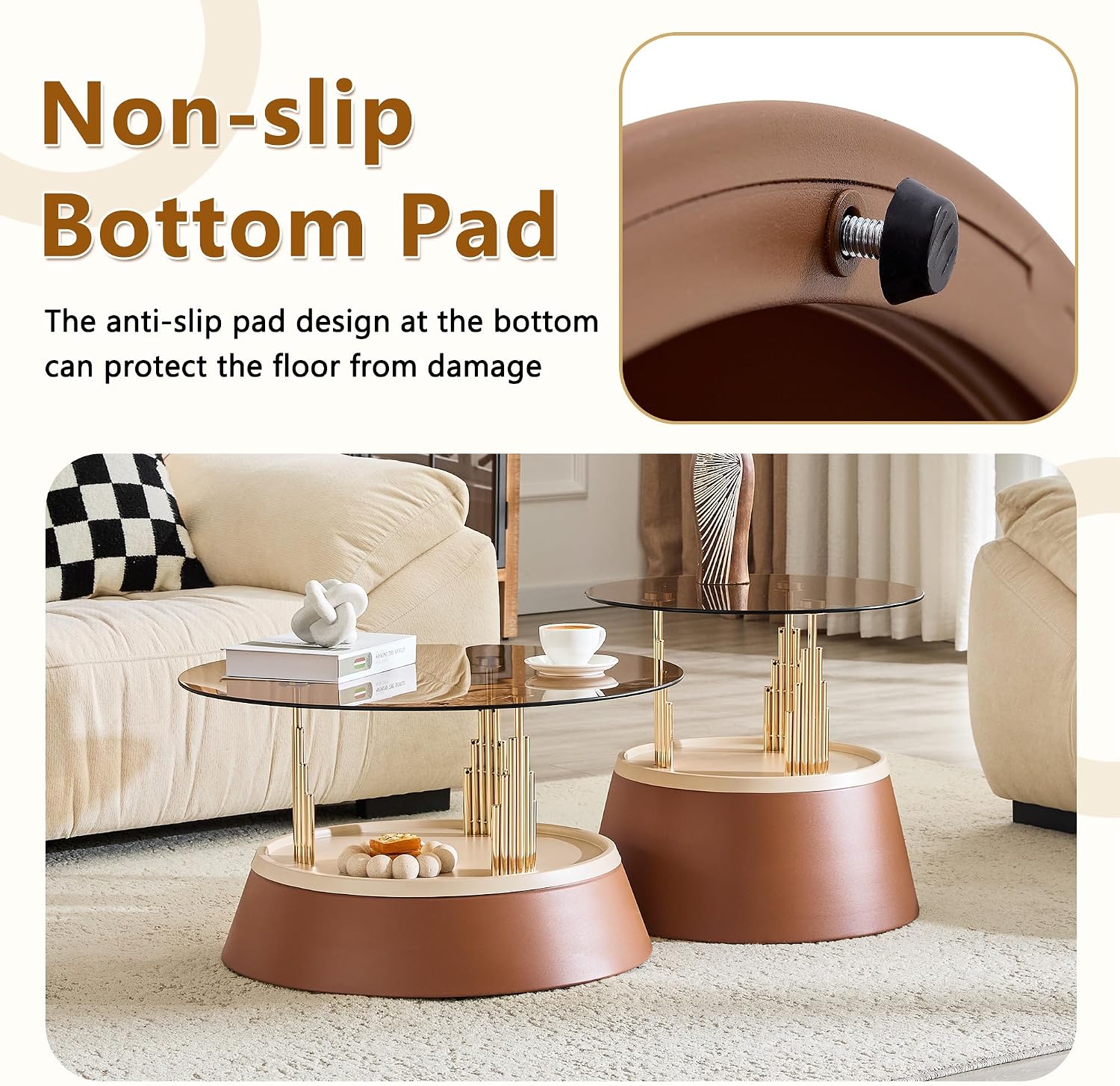 2-Piece Nesting Coffee Table Set, Brown and Gold Metal, Round Side Tables | Nesting Design, Set of 2, Round Side Tables, Metal Frame, Brown & Gold Finish