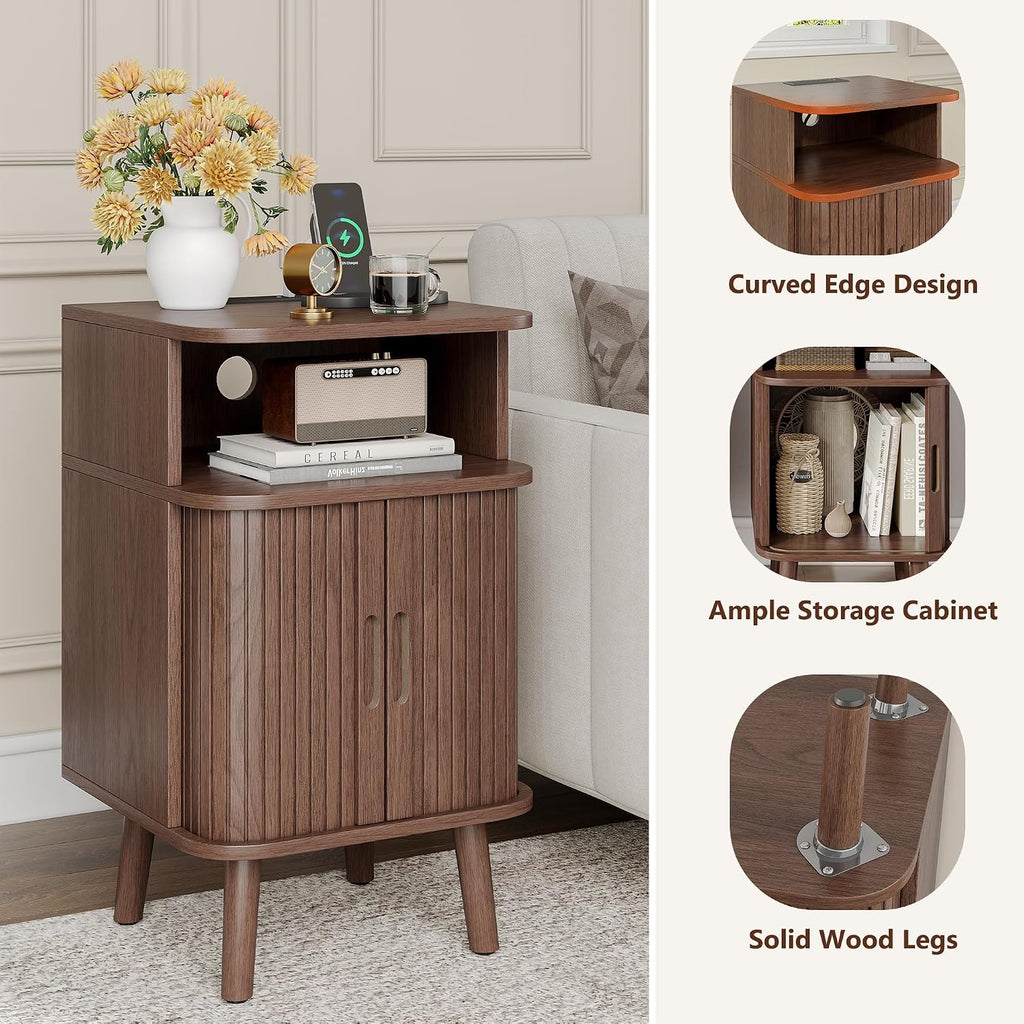 Whalefall Night Stand Set of 2 with Charging Station, Mid Century Modern Fluted End Tables with Cabinet for Living Room, Curved Round Edge Wood Beside Table with Slide Tambour Doors, Walnut