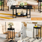 Lamerge 3 Pieces Living Room Table Set, Faux Marble Coffee Table with 2 Round End Side Tables, Coffee Table Set with Metal Frame for Apartment Home Office, Black