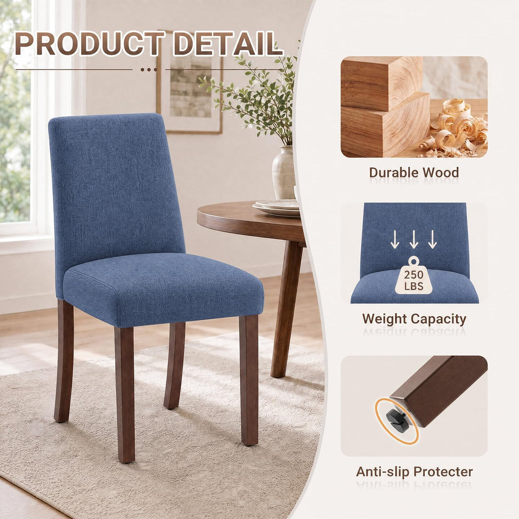Upholstered Dining Chairs Set of 4, Mid-Century Dining Room Chairs with Wooden Legs, Farmhouse Fabric Parsons Chairs for Small Space Restaurant & Cafe- Blue