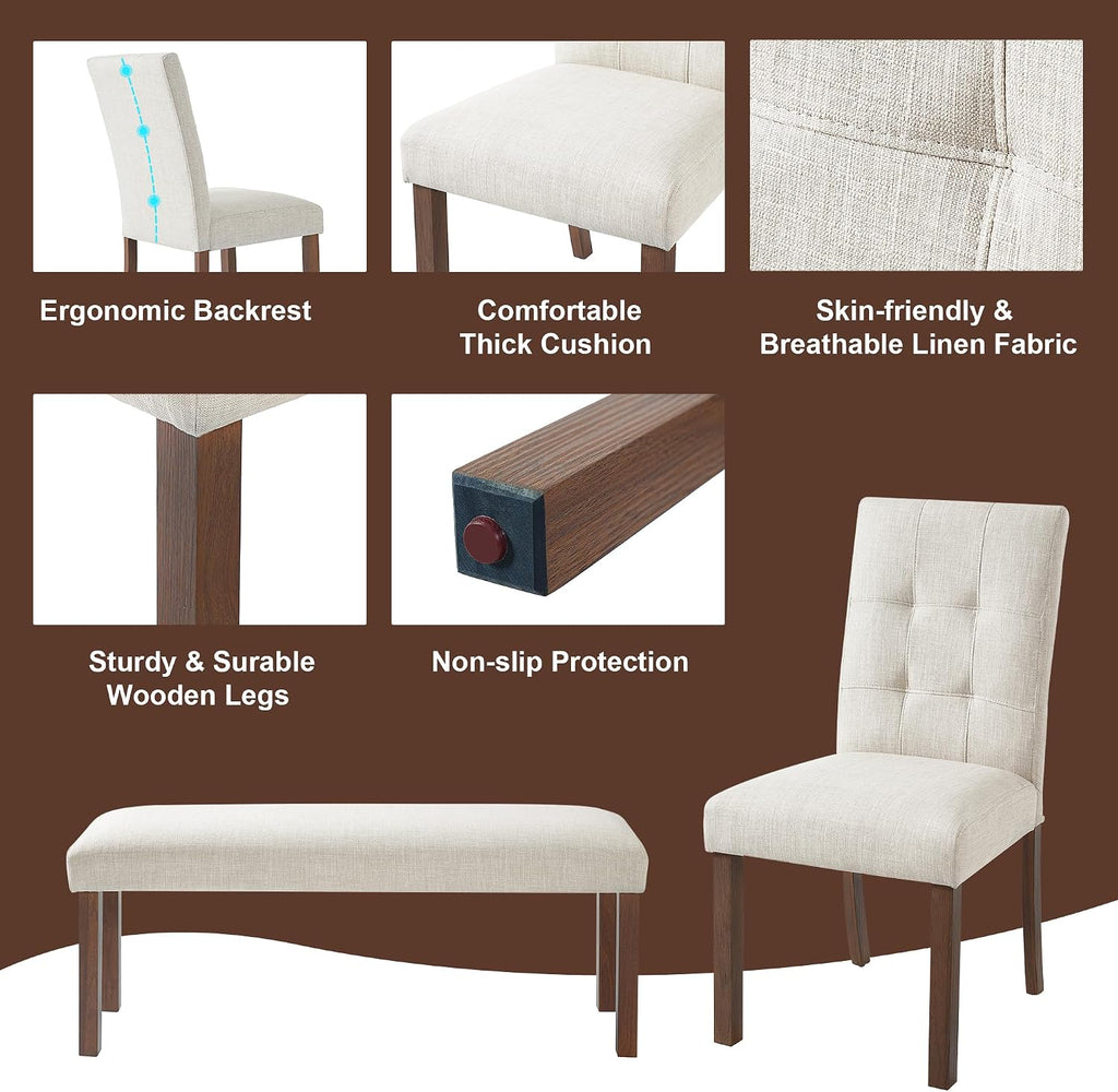 Ball & Cast Dining Table Set for 6 W/Bench & 4 Upholstered Chairs,6 Piece Dining Set W/ 60" Rectangle Kitchen Table & Anti-Scratch Pads,Table and Chairs Set for Living Room,Dining Room,Walnut
