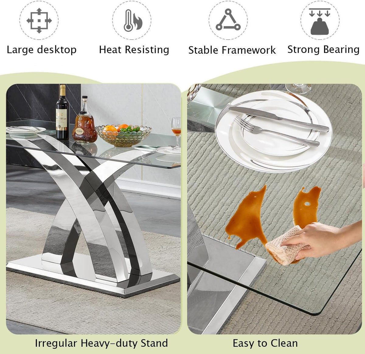70'' Modern Glass Dining Table for 4-8 People, High Gloss Stainless Steel Base, Rectangular Glass Dining Room Table for 6, Tempered Glass Top Silver Kitchen Table for Home Kitchen Furniture
