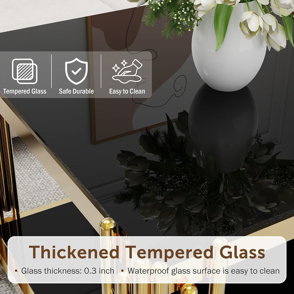 Glass Coffee Table Set of 3, End Table Modern Living Room Table Rectangle Clear Tempered Glass Stainless Steel Leg, Square Side Table for Home Furniture Set (Black, 43" Set of 3)